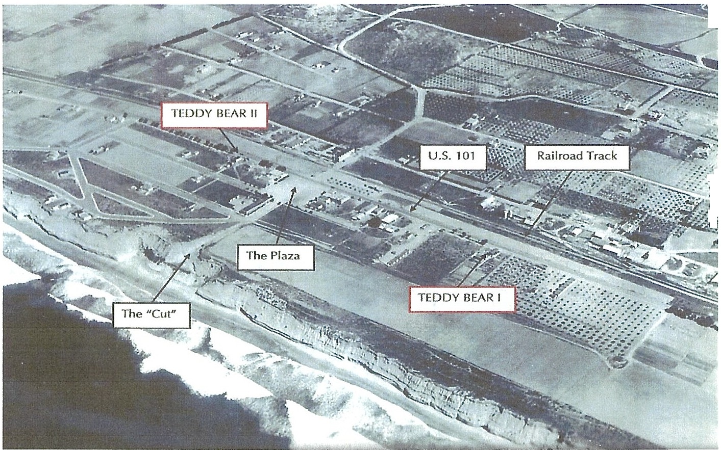 An aerial photograph of Solana Beach taken in 1928, the year before the original Teddy Bear Cafe opened at the spot south of The Plaza labeled "TEDDY BEAR I." The area lebeled "The Cut" is the man-made access to Fletcher Cove.